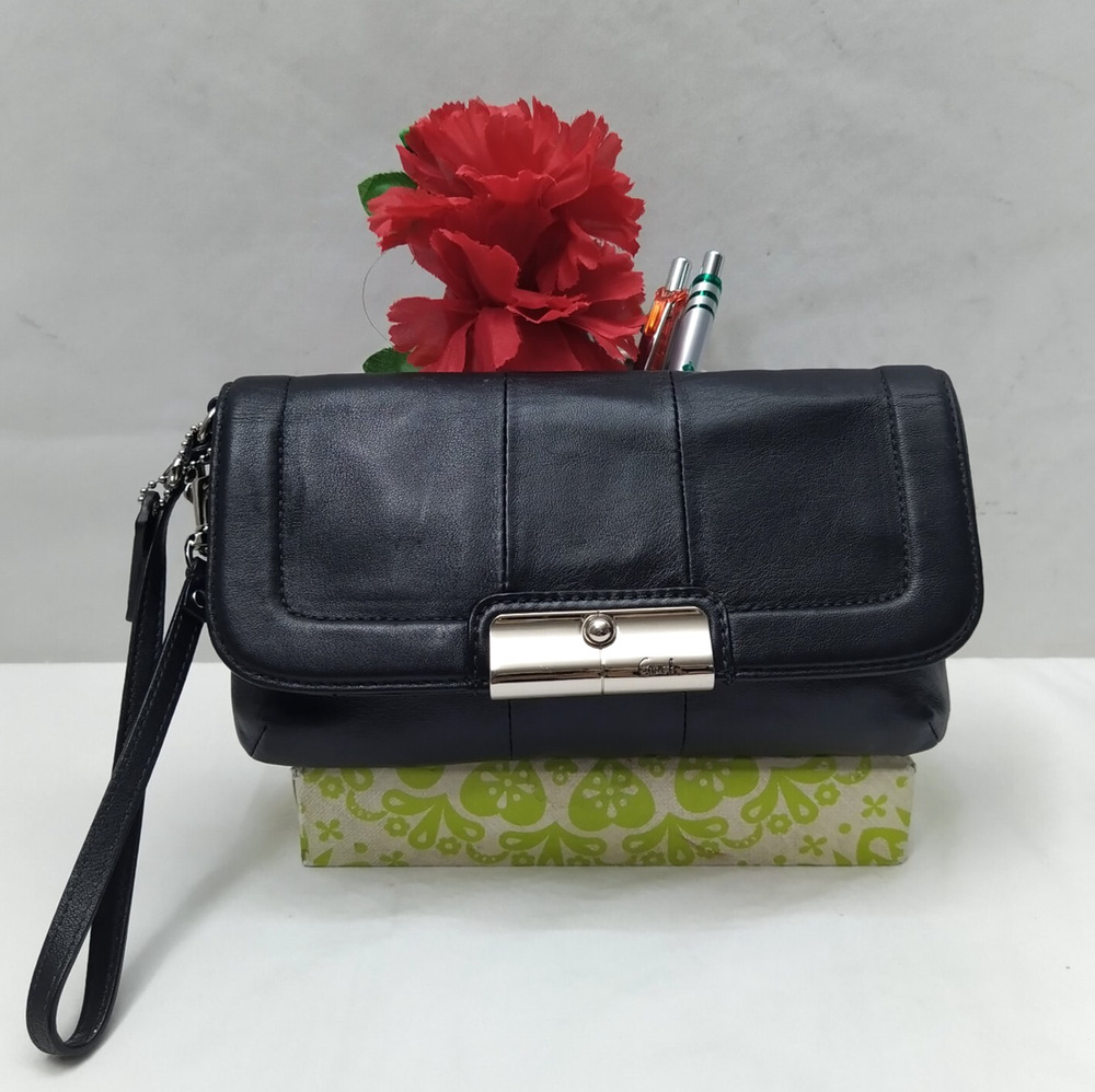 Coach Kristin Black Leather Buckle Flap Closure Clutch Wristlet - Wallet